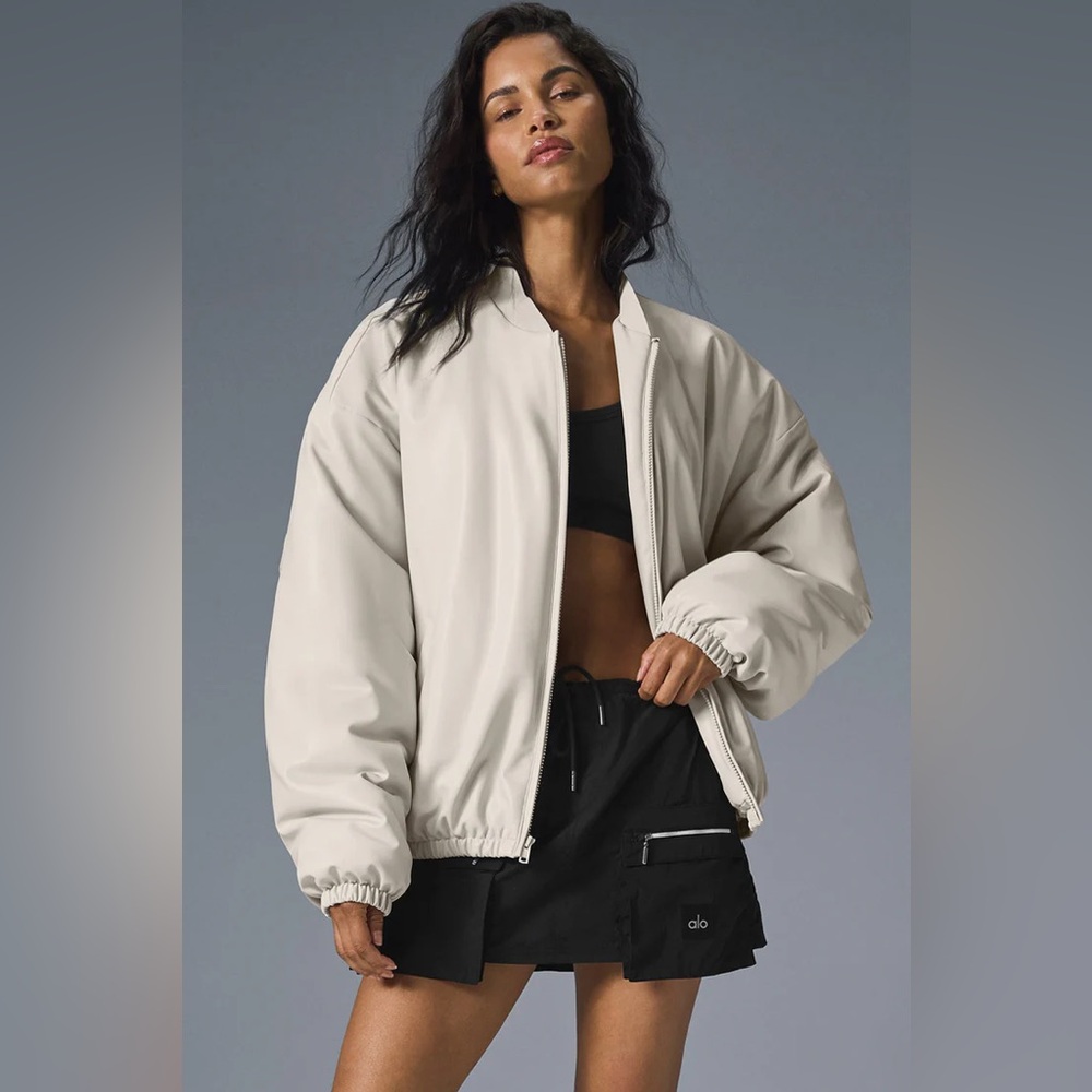 ALO Yoga faux leather Cream Bomber Jacket size xxs